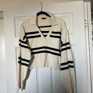 Striped Black and Cream Women's V-Neck Polo Dynamite Sweater